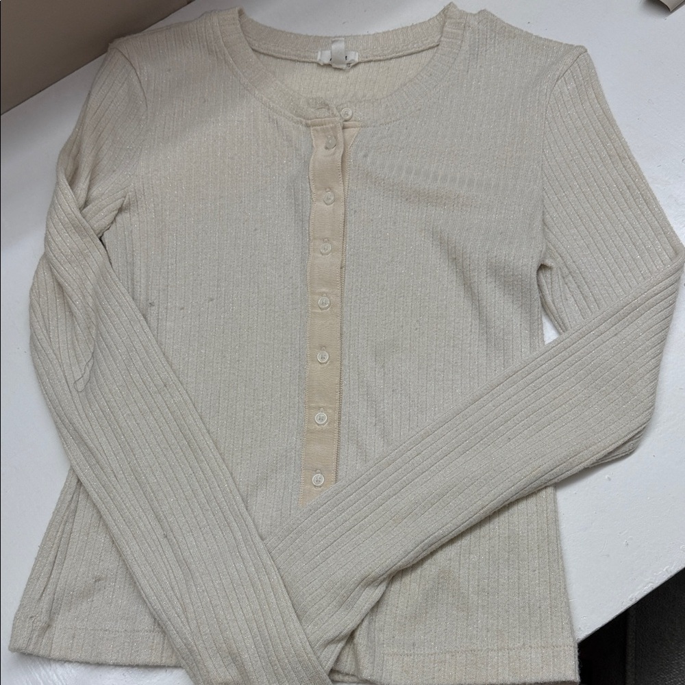Aerie Cream Ribbed Button-Up Sweater